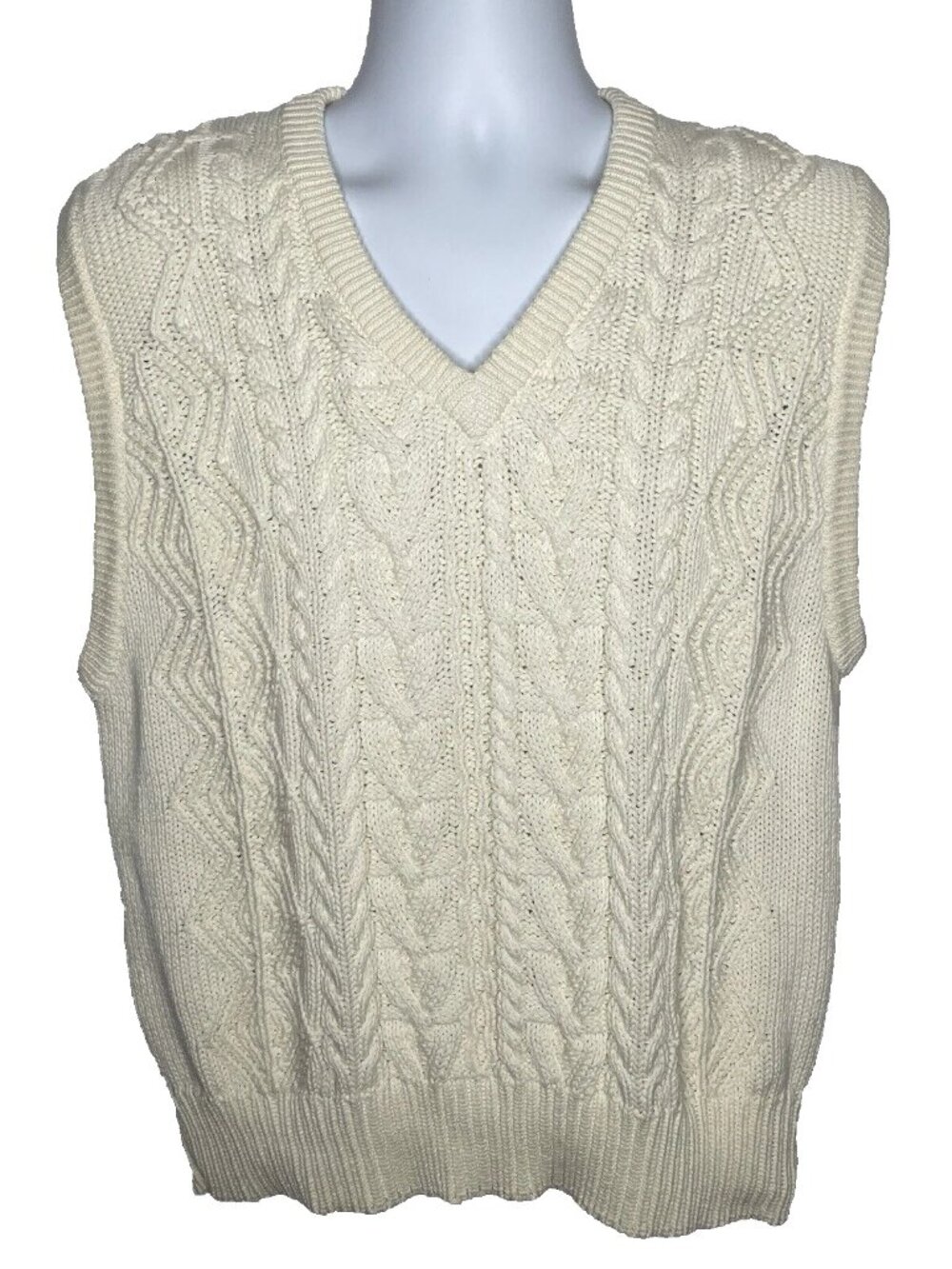 Vintage 90s Eddie Bauer Sweater Vest Size XL Ivory Cable Knit Pullover